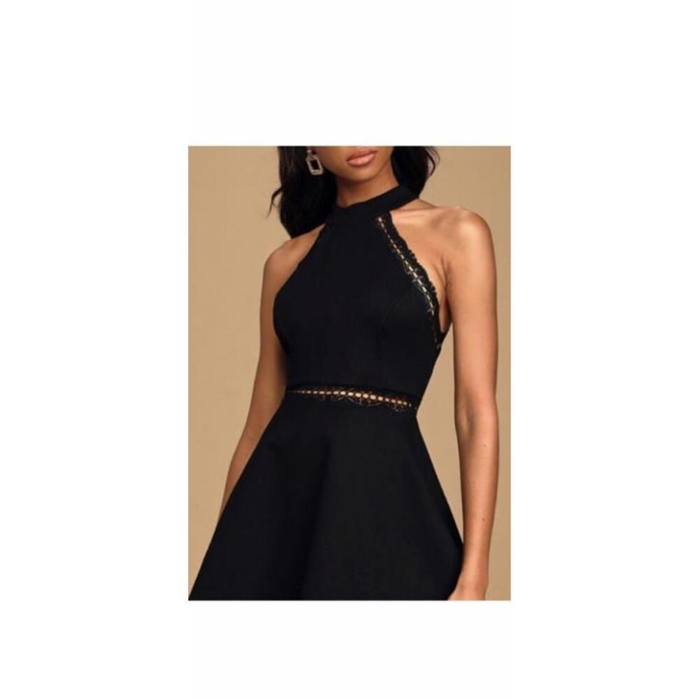 Lulu’s Black Mini Dress Open Lace Trim Small Fit & Flare Sleeveless Party Weddin